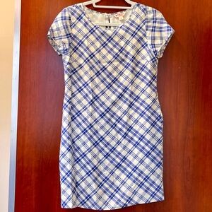 Brooks Brothers Red Fleece Dress Size 0 Silk Windowpane Blue Pattern Sheath Silk